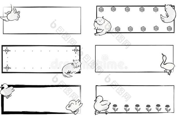 正方形手-描画的框架关于漂亮的<strong>日本</strong>人-方式鸭子和<strong>猫</strong>