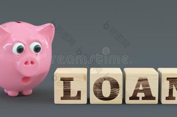 抵押或汽车贷款象征-粉红色的小猪银行和木制的立方形lease租约