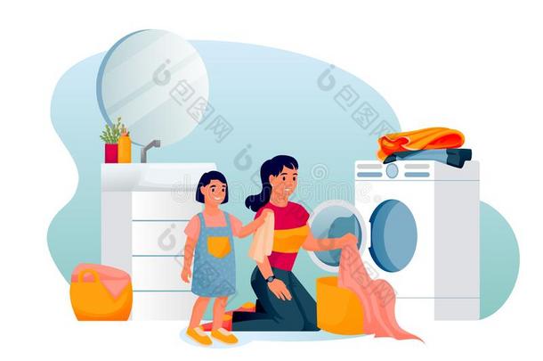 母亲和女儿洗衣服采用洗衣店房间.矢量illust