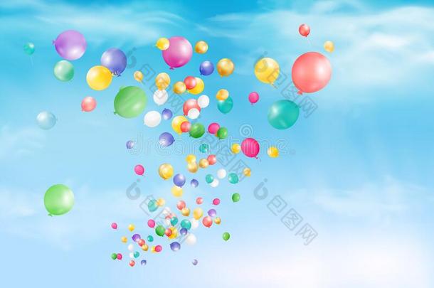 飞行的明亮的富有色彩的气球和五彩纸屑,带,蛇