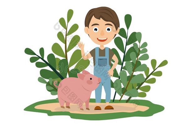 一男孩和他的粉红色的肥的猪st和采用身材高的绿色的草.宠物.农场