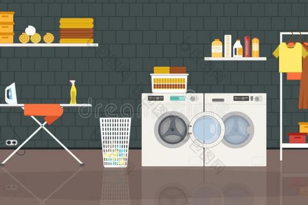 洗衣店房间和洗涤机器,熨烫板,衣服行李架一
