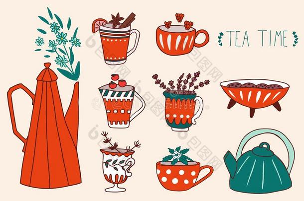 手疲惫的平的放置关于<strong>茶</strong>水杯子,<strong>茶</strong>水pot浆果和<strong>草本</strong>植物.卡图
