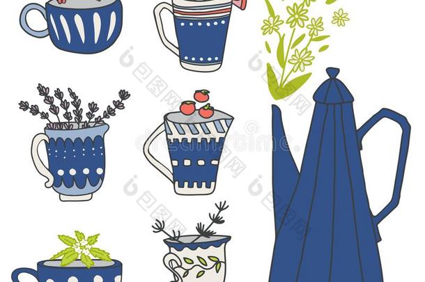 手疲惫的平的放置关于茶水杯子,茶水pot浆果和草本植物.卡图