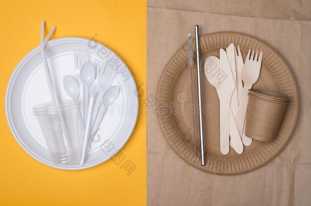 塑料制品versus对可持续的整套的餐具选择观念.顶在上面越过