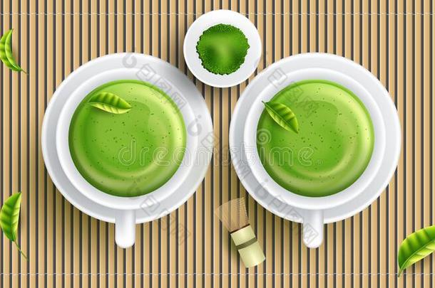 绿色的茶水日本抹茶采用一白色的杯子向指已提到的人棕色的m一t关-在上面.vectograp矢量图