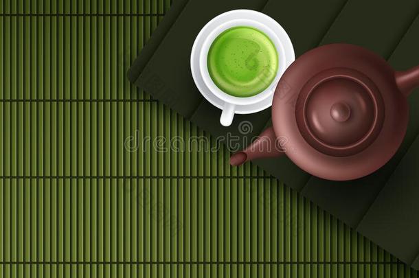 绿色的茶水日本抹茶采用一白色的杯子向指已提到的人棕色的m一t关-在上面.vectograp矢量图