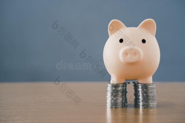 粉红色的小猪银行在上面钱垛塔向一木制的办公室书桌