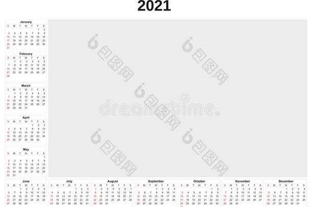 2021每年的日历和白色的背景