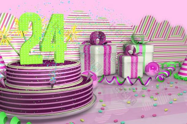 紫色的圆形的24生日蛋糕装饰和有色的电工和