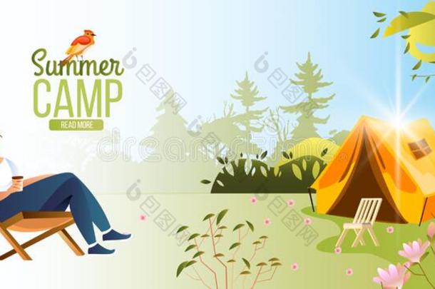 夏野营横幅和年幼的女孩一次在近处指已提到的人帐篷.
