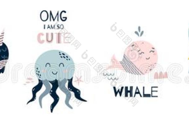 婴儿室艺术婴儿室海报漂亮的海动物放置.有趣的鲸,英语字母表的第2个字母