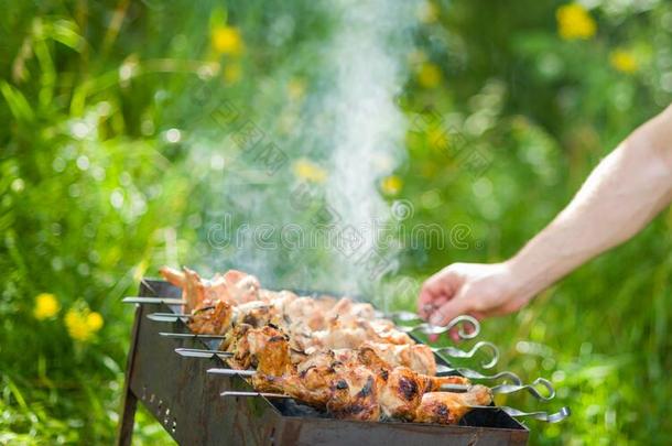 烤的鸡串肉扦,手佃户租种的土地串肉杆,和煦的：照到阳光的夏一天