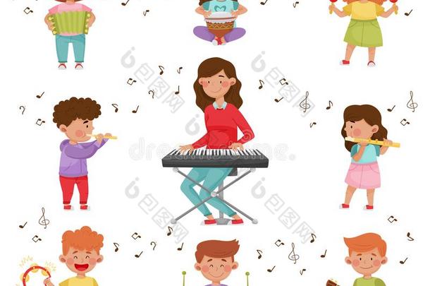 幸福的小孩演奏不同的音乐的器具矢量厄斯特拉