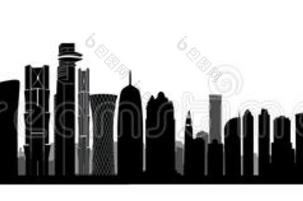 城市多哈地平线.阿拉伯的都市的城市风光照片.卡塔尔摩天大楼比尔