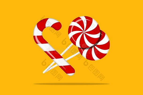 棒棒糖和c和y手杖.黄色的背景.圣诞节布置