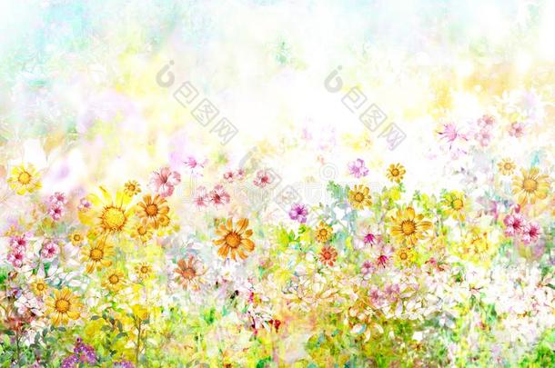 抽象的富有色彩的花水彩绘画.春季
