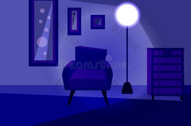 夜地点活的房间和扶手椅,橱柜和光亮的灯