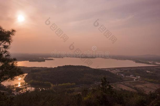 日落,湖,山看法,忽视