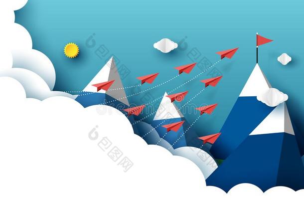 纸飞机飞行的向红色的旗向指已提到的人山峰关于蓝色山