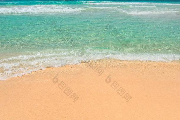 美丽的波浪向沙的海滩和绿松石海