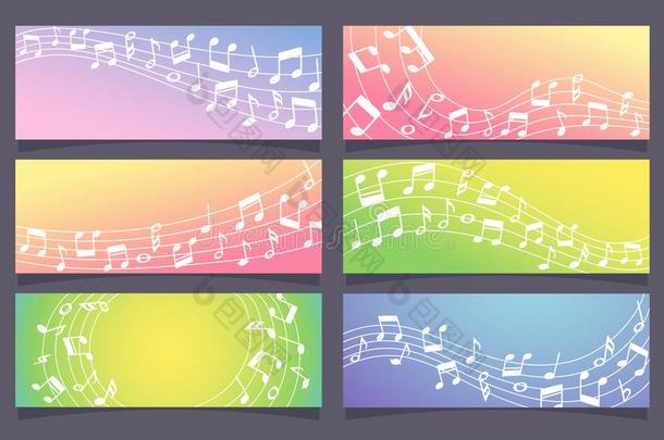 富有色彩的音乐横幅收集.狭板和音乐记下.