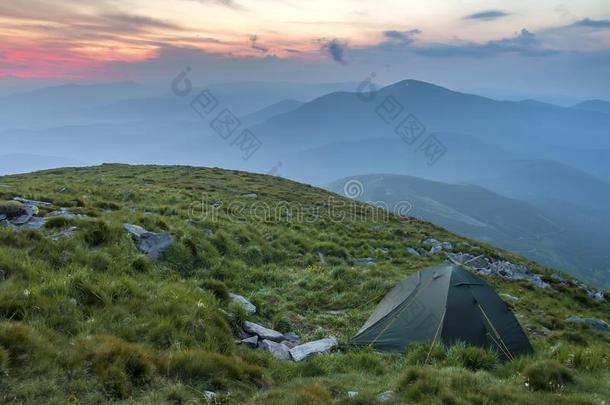 夏野营采用mounta采用s在黎明.旅行者帐篷向圆形的草