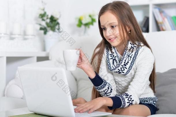 小的女孩使用现代的便携式电脑