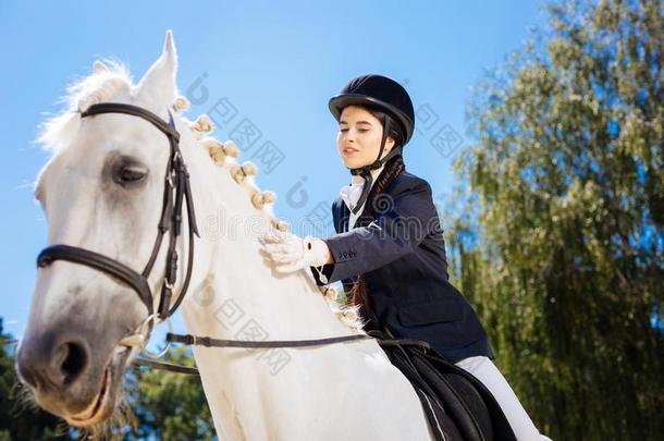 爱的女骑马者抚摸她温和的白色的马