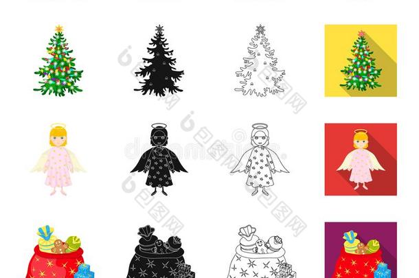 圣诞节树,天使,礼物和冬青漫画,黑的,梗概,荧光标记抗体