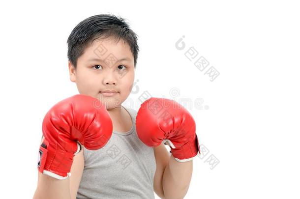肥的小孩战斗的和红色的拳击拳击手套隔离的