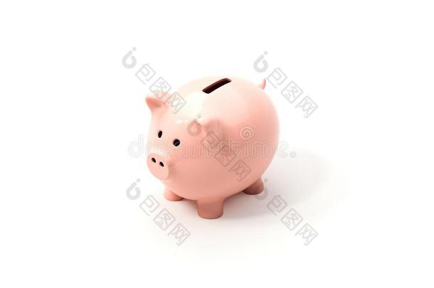 粉红色的有光泽的小猪银行向白色的背景,顶看法.