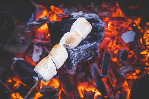 放置关于甜的棉花糖用于烤炙的越过红色的火火焰.马什玛