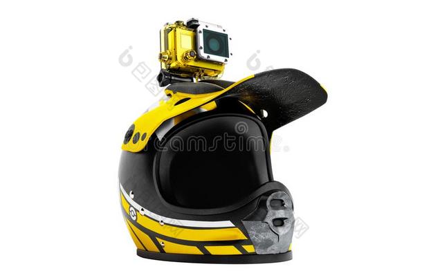 现代的黄色的摩托车头盔和黄色的行动照相机3英语字母表中的第四个字母DOS命令：更改文件名