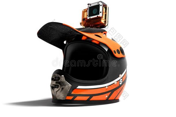现代的桔子摩托车头盔和一行动照相机看法perspective透视