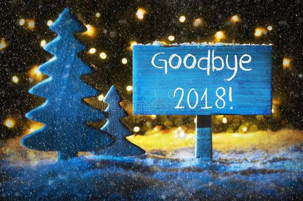 蓝色圣诞节树,英语文本再见2018,雪花