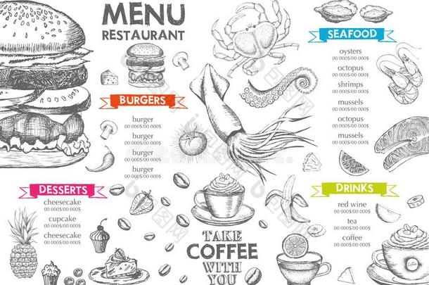 饭店咖啡馆菜单,样板设计.食物飞鸟.