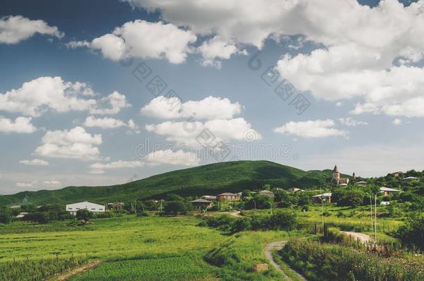 美丽的绿色的田小山和多云的天在近处村民