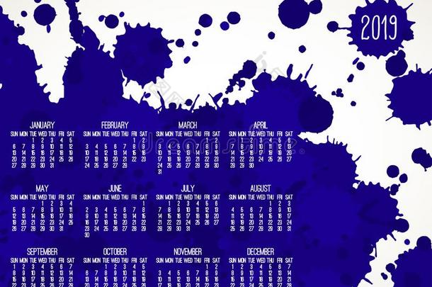 年2019蓝色颜料每月的日历