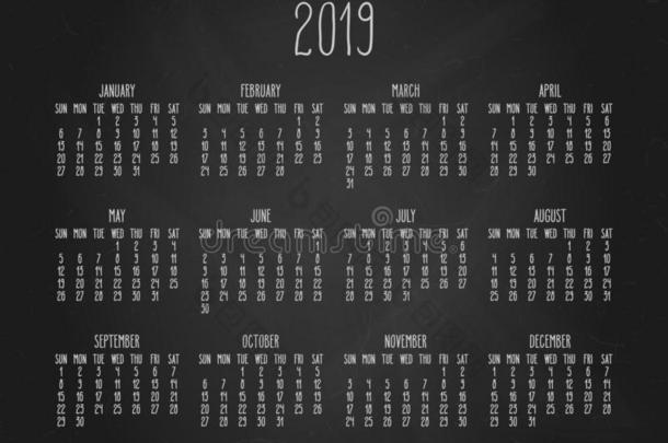 年2019<strong>每月</strong>的黑的黑板日历