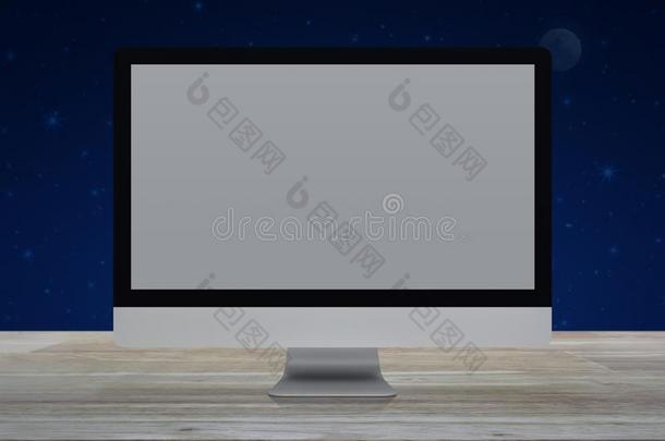 桌面现代的计算机显示屏和宽的灰色的屏幕向木制的