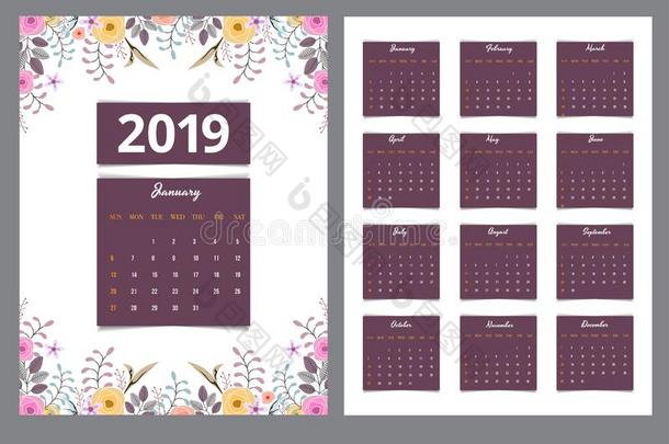 完全的放置关于12月为2019每年的日历设计德可拉