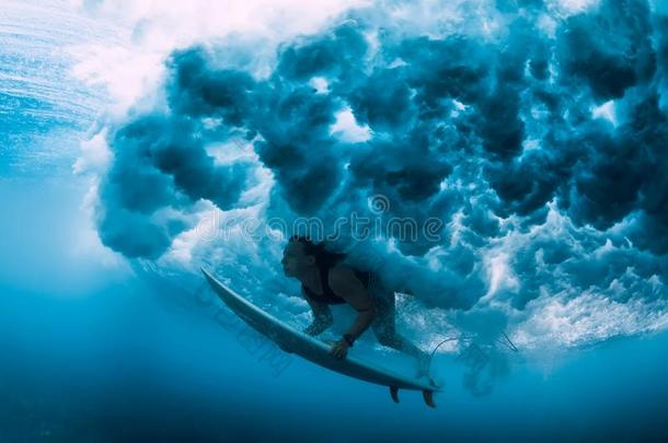 冲浪运动员女孩和冲浪板潜水在<strong>水中</strong>的和在下面洋<strong>波浪</strong>