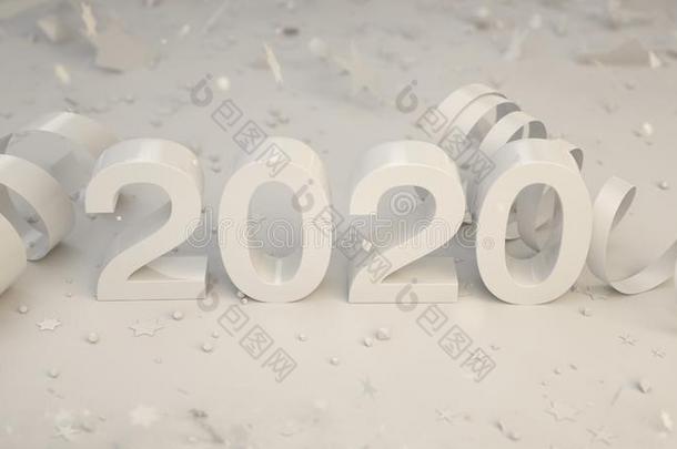 白色的2020数字和五彩纸屑和像蛇般蜷曲的