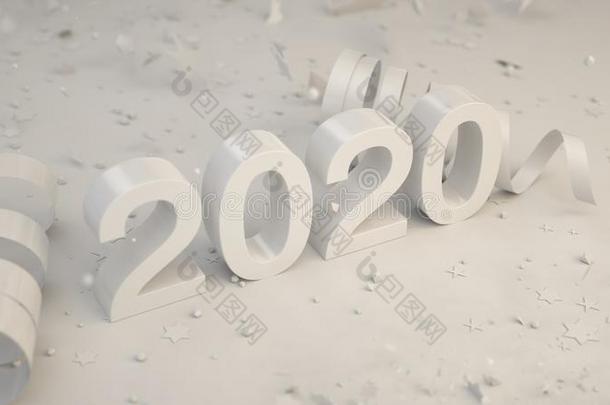 白色的2020数字和五彩纸屑和像蛇般蜷曲的