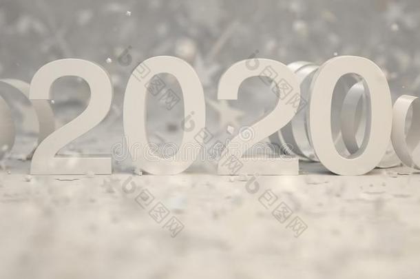 白色的2020数字和五彩纸屑和像蛇般蜷曲的