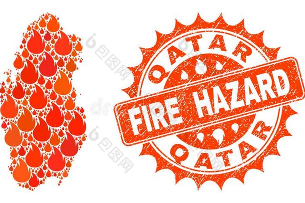 拼贴画关于地图关于卡塔尔燃烧的和火冒险蹩脚货邮票海