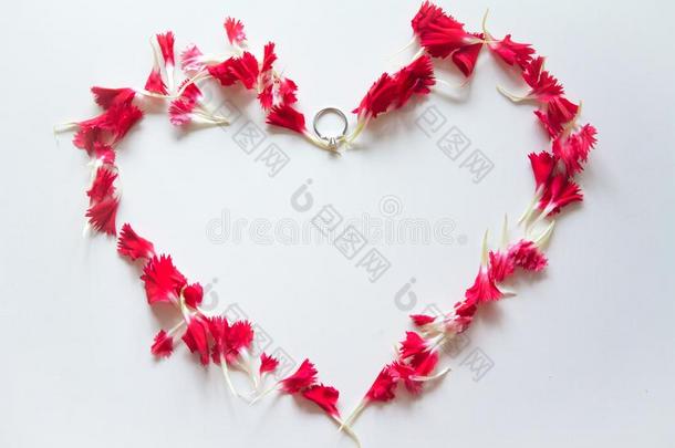 心形状使在旁边红色的康乃馨花瓣和戒指