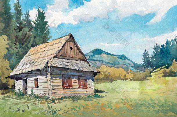 小屋房屋水彩绘画在国家面