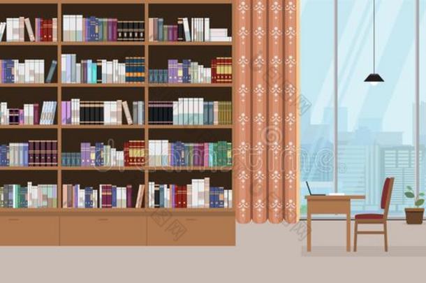 现代的图书馆内部和宏大的书架和大大地窗winter冬天